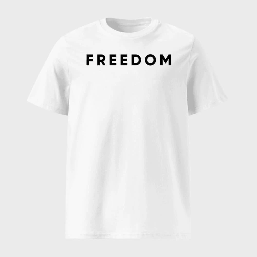 Charlie Kirk Freedom Shirt in white with bold black FREEDOM text.