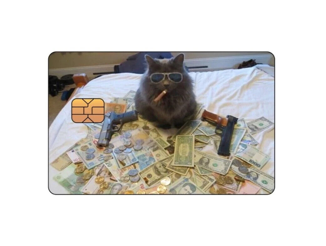 Funny Cat Meme Sticker (4-Pack) | Gangster with Money & Guns | Credit Card Skin Unbranded