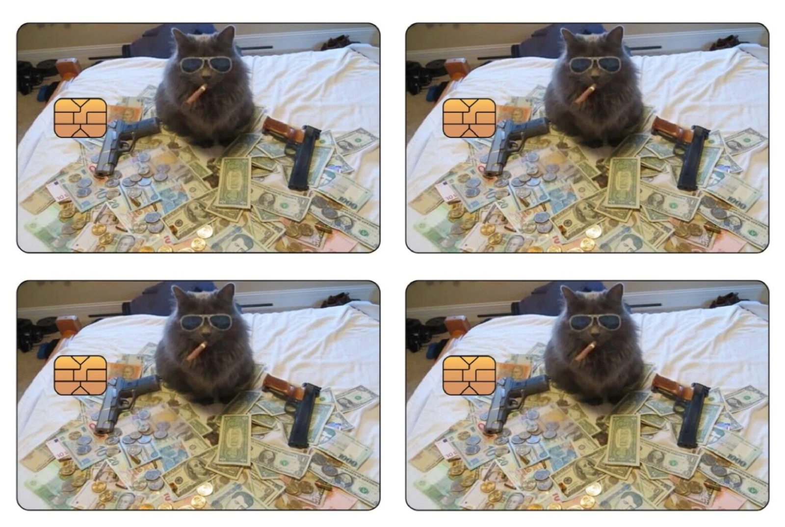 Funny Cat Meme Sticker (4-Pack) | Gangster with Money & Guns | Credit Card Skin Unbranded