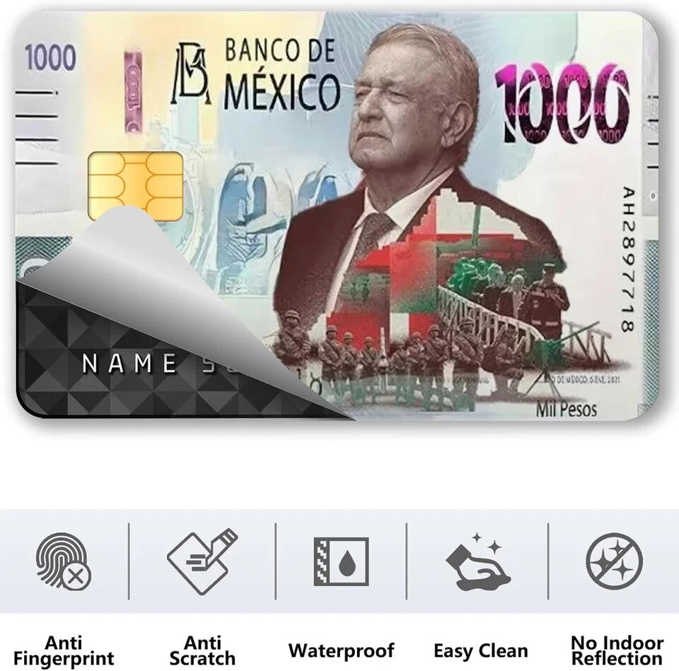 Credit Card Skin Mexico Amlo 1000 Peso Vinyl UV Stickers Card Covers Pack of 2 Any Custom Product
