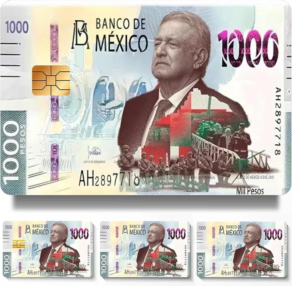 Credit Card Skin Mexico Amlo 1000 Peso Vinyl UV Stickers Card Covers Pack of 2 Any Custom Product